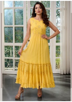 Yellow Chinnon Designer Gown